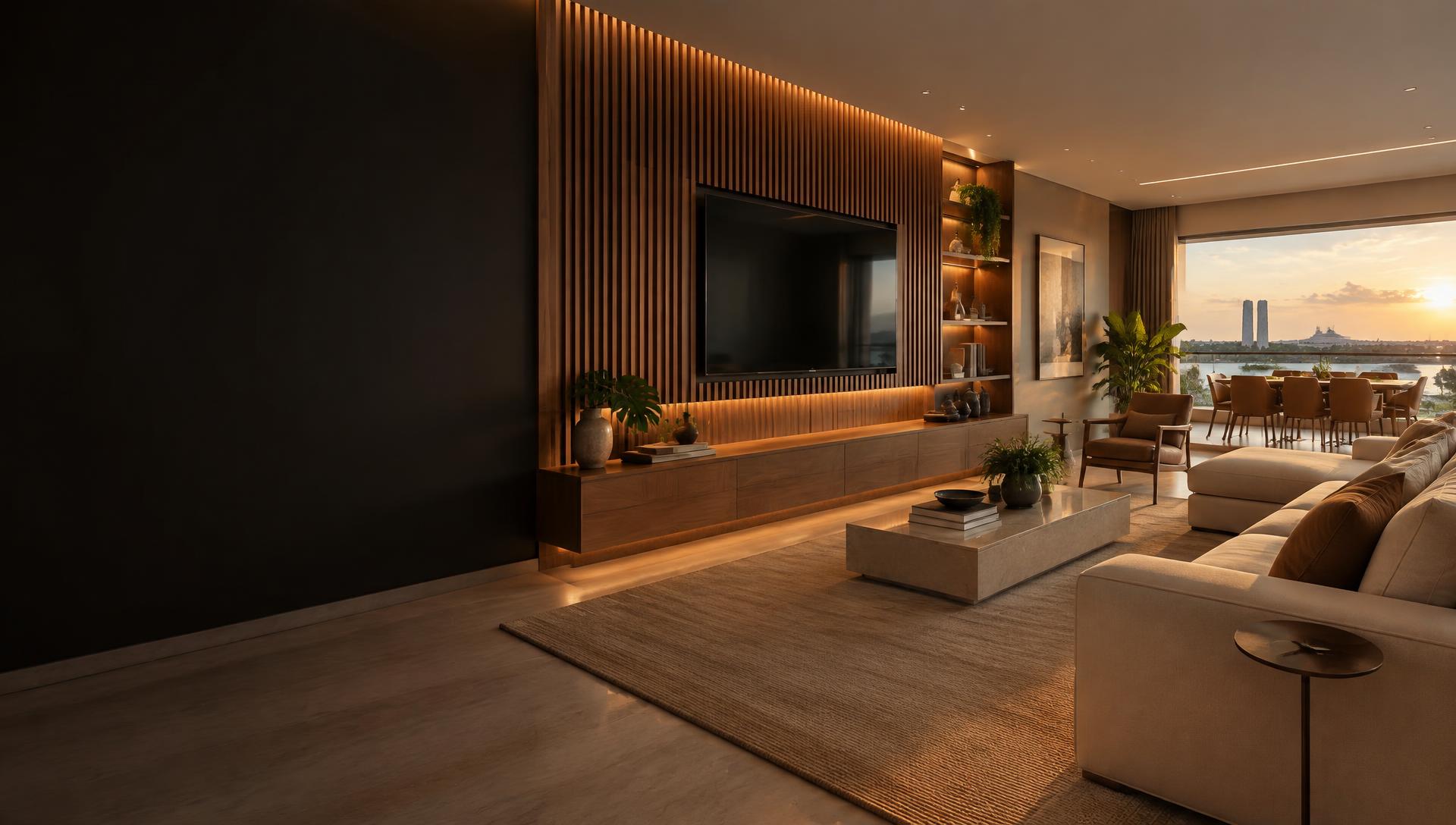 Sala sofisticada com painel de TV planejado em madeira e iluminação LED
